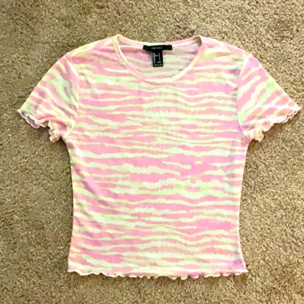 Pastel McBling Sheer pink & green zebra print mesh tshirt sz small
